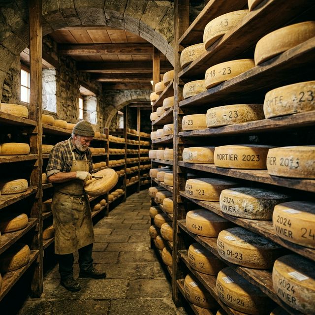 Bodega de maduración con estantes llenos de quesos — Kenita
