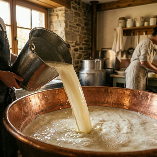 Leche fresca siendo vaciada en paila de cobre