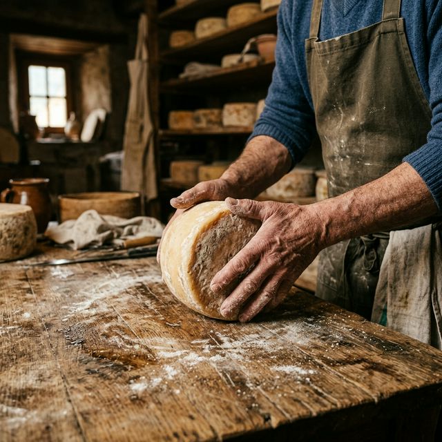 Manos del quesero trabajando una horma sobre tabla de madera